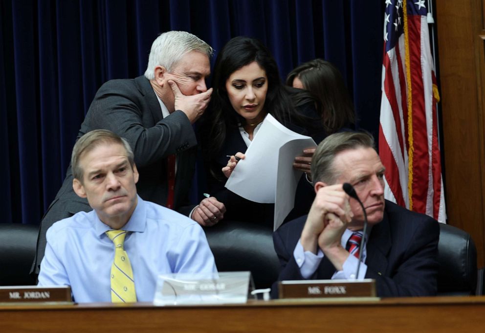 PHOTO: Rep. James Comer, Chairman of the House Oversight and Reform Committee, talks to Rep. Anna Paulina Luna as Rep. Jim Jordan and Rep. Paul Gosar sit in front during a meeting of the House Oversight and Reform Committee, Jan. 31, 2023.