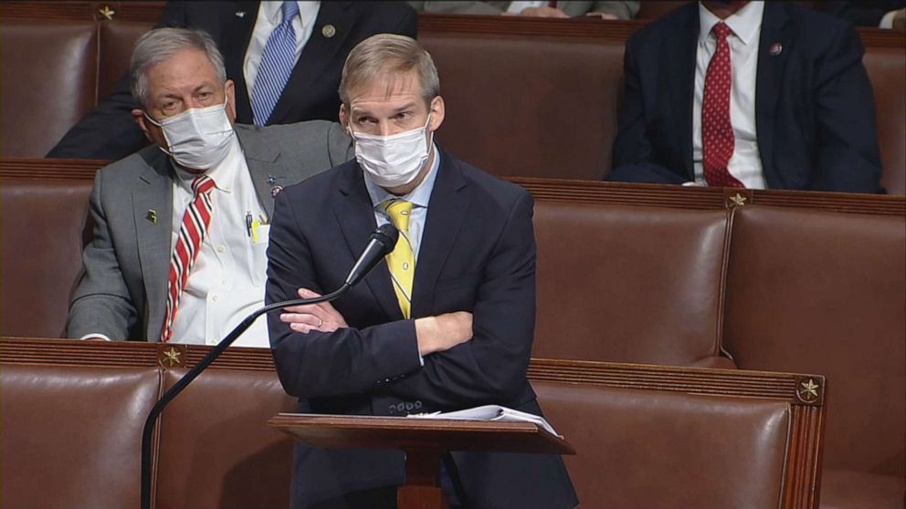 PHOTO: Rep. Jim Jordan stands with his arms crossed during the U.S. House Impeachment debate and vote at the U.S. Capitol, Jan. 13, 2021, as charges are brought against President Donald Trump for a second time.