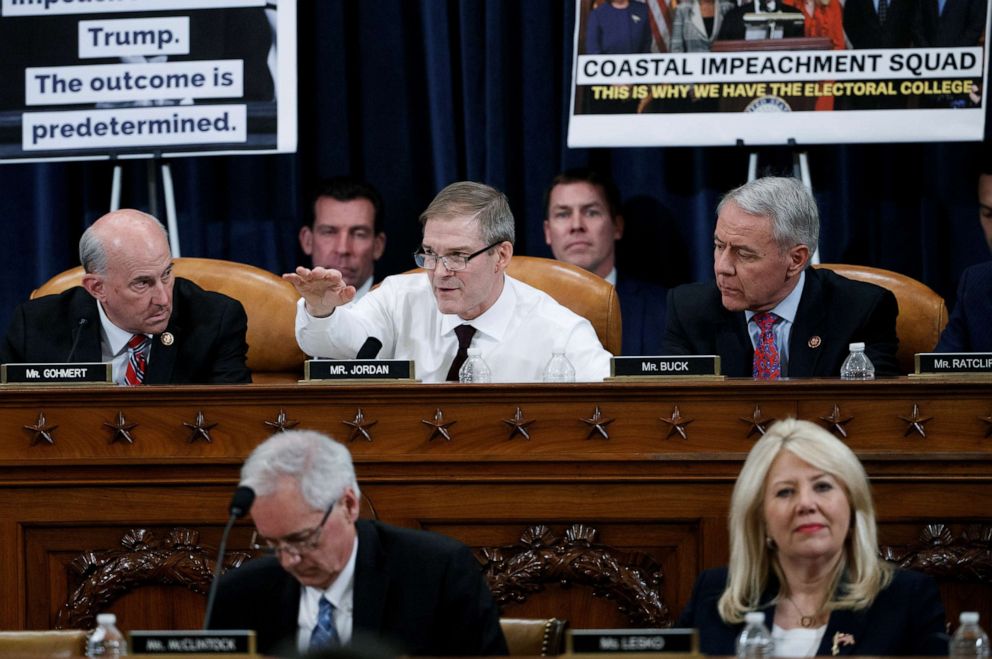 PHOTO: Republican Rep. Jim Jordan delivers remarks during the House Judiciary Committee's markup of articles of impeachment against President Donald Trump on Capitol Hill, Dec. 11, 2019.