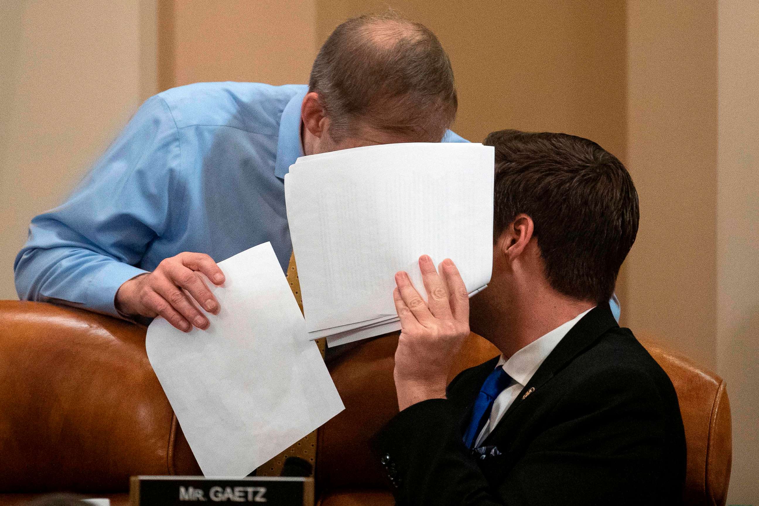 PHOTO: Rep. Jim Jordan, R-Ohio, speaks with Rep. Matt Gaetz during the House Judiciary Committee's markup of House Resolution 755, Articles of Impeachment Against President Donald Trump, on Capitol Hill in Washington, on Dec. 12, 2019.