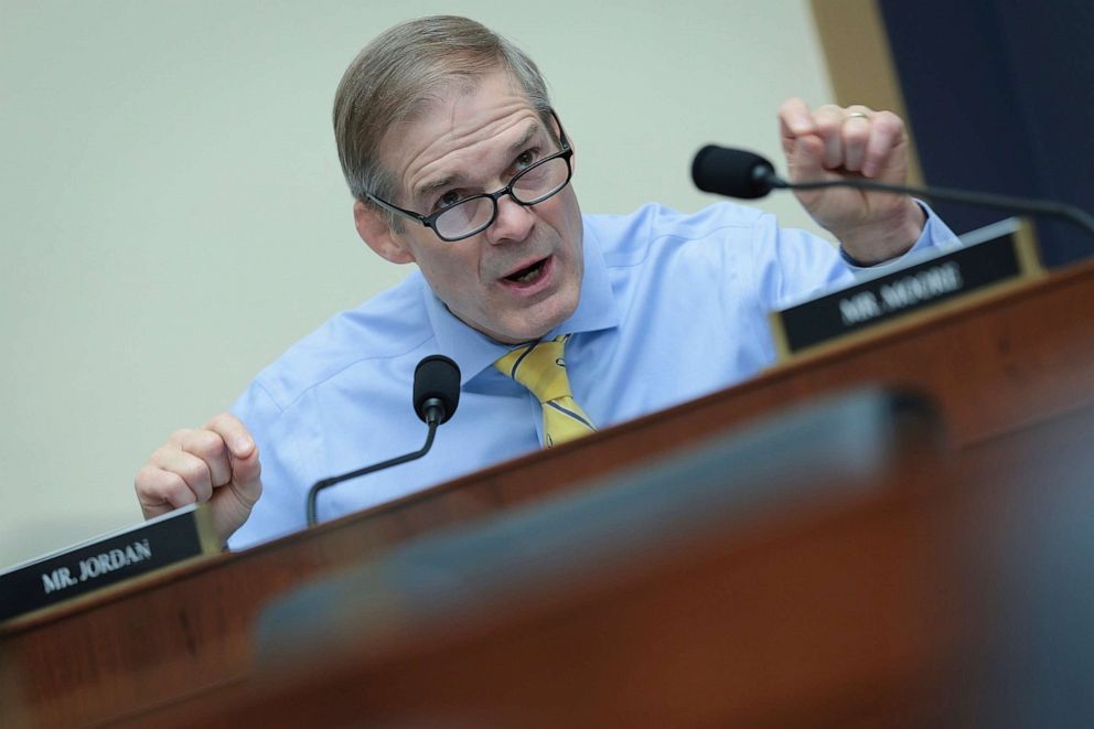 PHOTO: Rep. Jim Jordan asks questions during a hearing held by the House Subcommittee on Immigration Integrity, Security, and Enforcement on Capitol Hill, May 23, 2023.