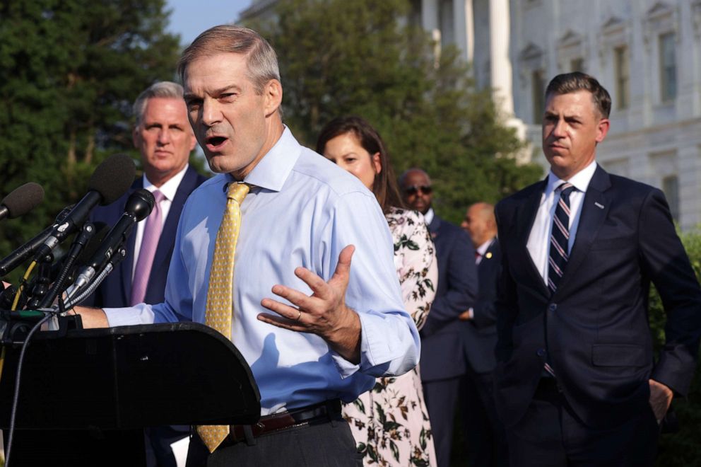 PHOTO: Rep. Jim Jordan speaks as House Minority Leader Rep. Kevin McCarthy, left, and Rep. Jim Banks, right, listen during a news conference in front of the U.S. Capitol on July 27, 2021 in Washington, D.C. 