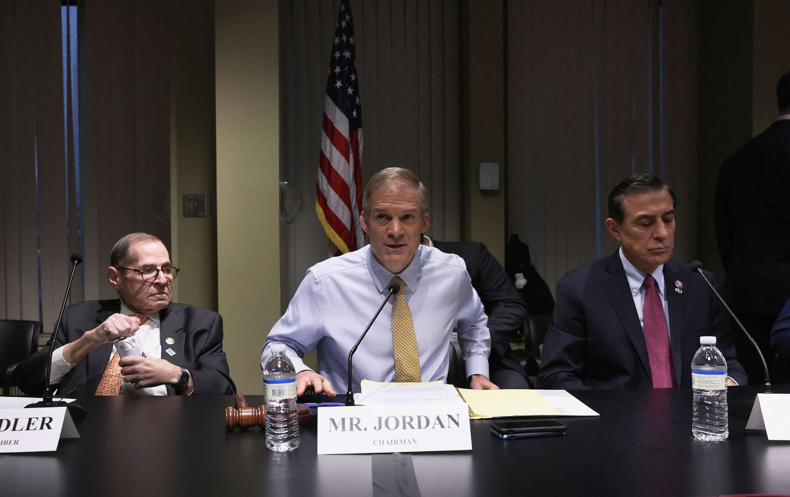 PHOTO: Jim Jordan speaks while sitting between Rep. Jerry Nadler and Rep. Darrell Issa at a House Judiciary Committee hearing in New York City, April 17, 2023.