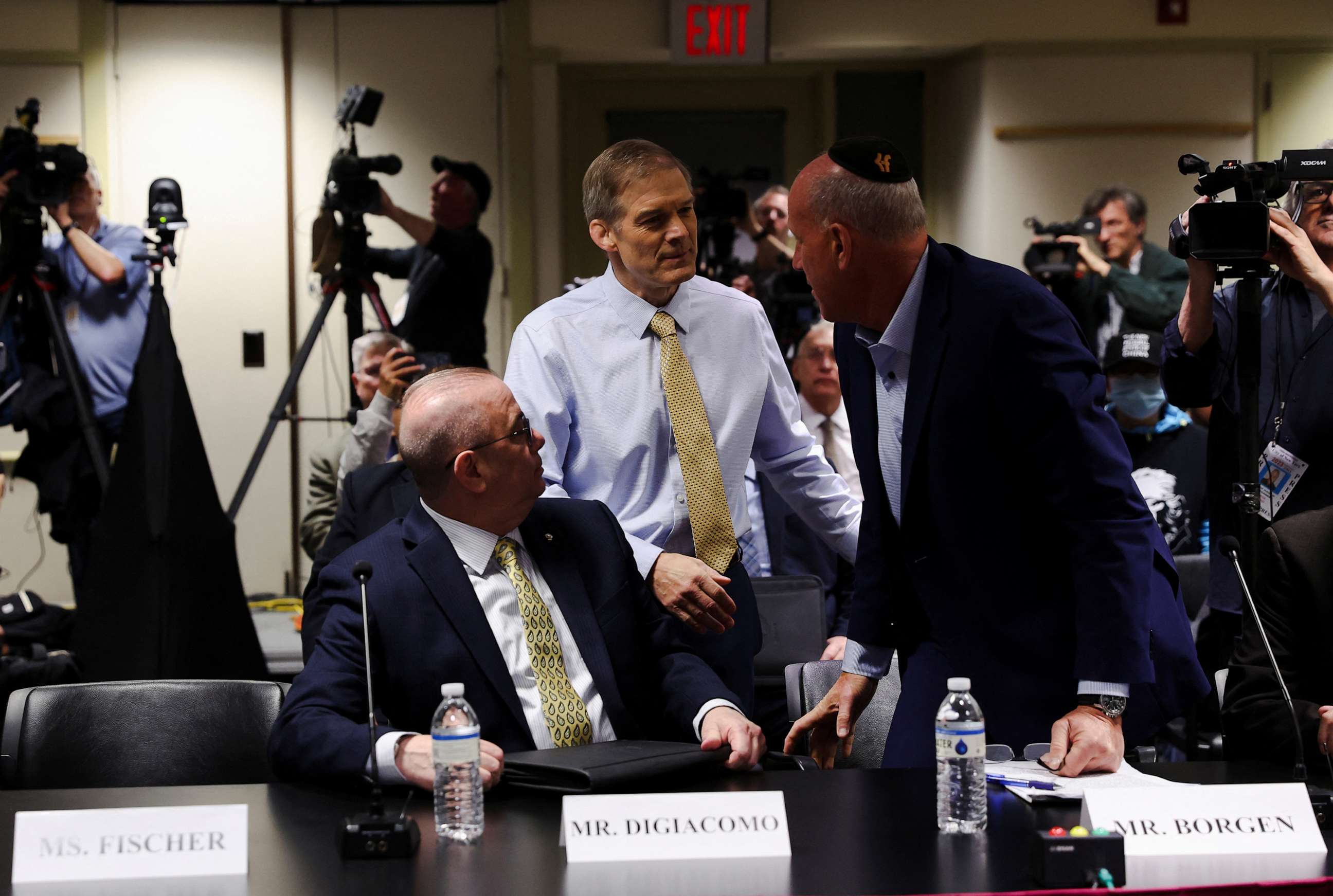 PHOTO: Jim Jordan speaks to Barry Borgen, father of a victim of anti-Semitic hate crime, while next to Paul DiGiacomo at a House Judiciary Committee hearing in New York City, April 17, 2023.