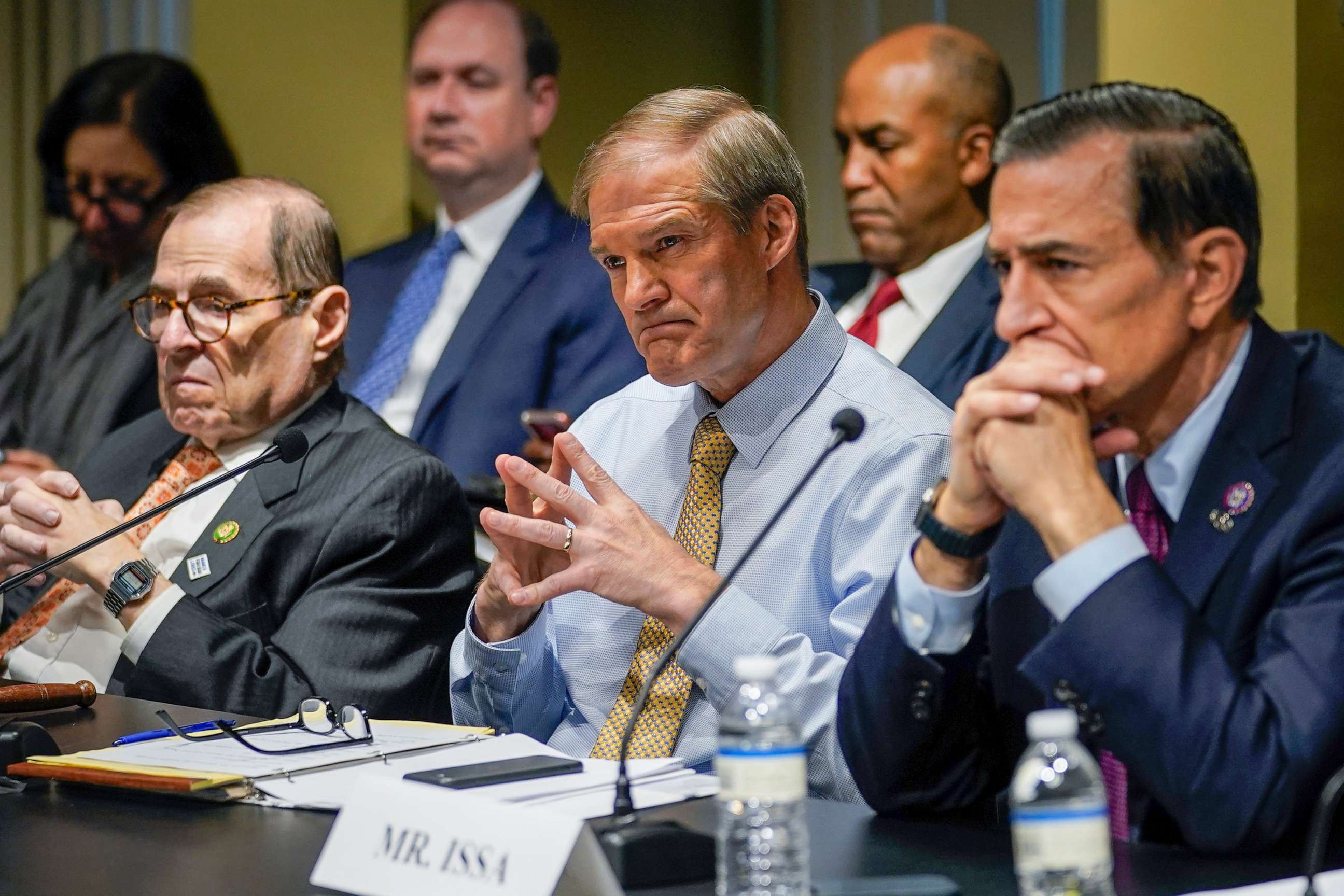 PHOTO: Rep. Jerry Nadler, Jim Jordan and Darrell Issa listen to witnesses during a House Judiciary Committee Field Hearing, Monday, April 17, 2023, in New York.