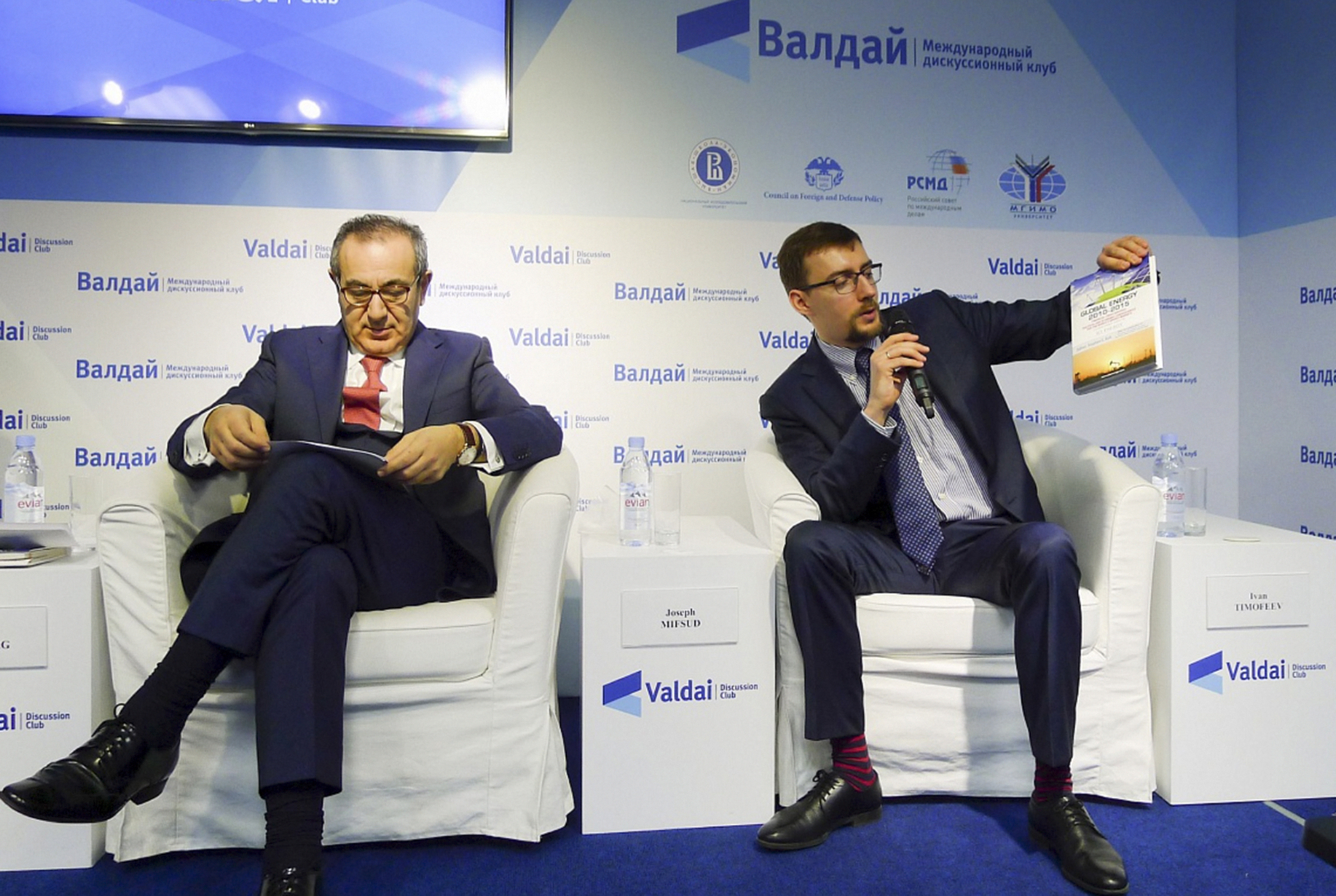 PHOTO: Ivan Timofeev, right, and Joseph Mifsud attend the Valdai Discussion Club Conference following the results of the closed-door Iran-Russia discussion in Moscow, Russia.