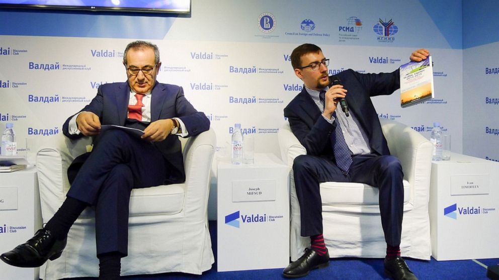 Ivan Timofeev, on the right, and Joseph Mifsud attend the Valdai Discussion Club conference after the results of the closed-door discussion between Iran and Russia in Moscow, Russia.