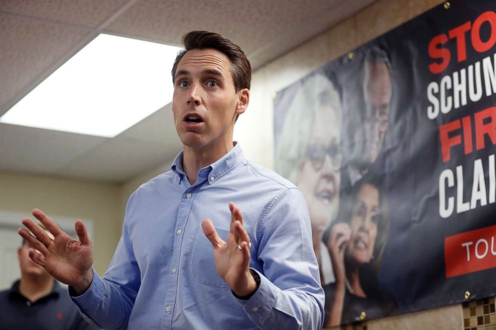 PHOTO: In this Sept. 27, 2018 file photo, Missouri Attorney General and Republican U.S. Senate candidate Josh Hawley speaks to supporters during a campaign stop in St. Charles, Mo.