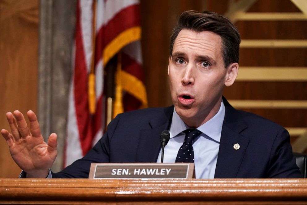 PHOTO: Sen. Josh Hawley asks questions during a Senate Homeland Security & Governmental Affairs Committee hearing to discuss election security and the 2020 election process on Dec. 16, 2020, on Capitol Hill in Washington, D.C.