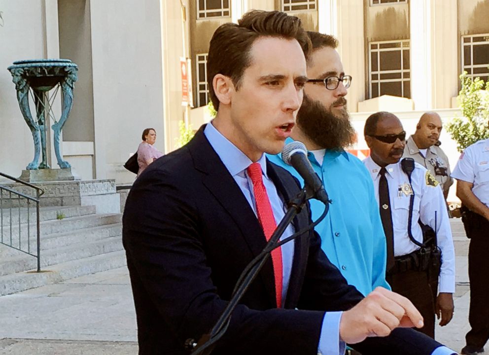 PHOTO: Missouri Attorney General Josh Hawley speaks at a news conference in St. Louis, June 21, 2017.