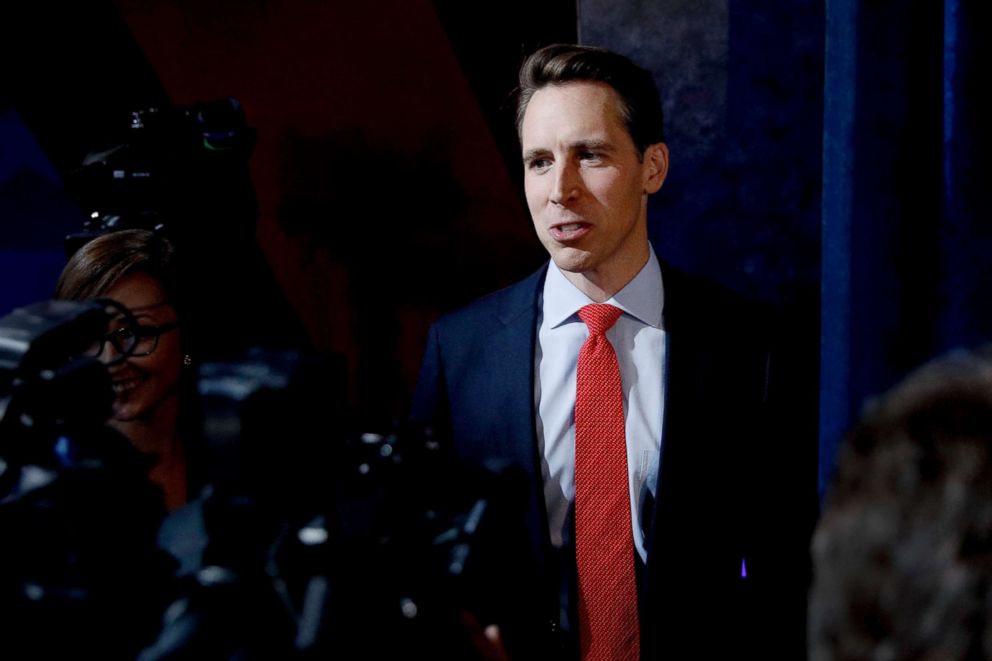 PHOTO: Missouri Senate candidate Josh Hawley talks to the media after a debate against incumbent Democratic Sen. Claire McCaskill, Oct. 25, 2018, in Kansas City, Mo.