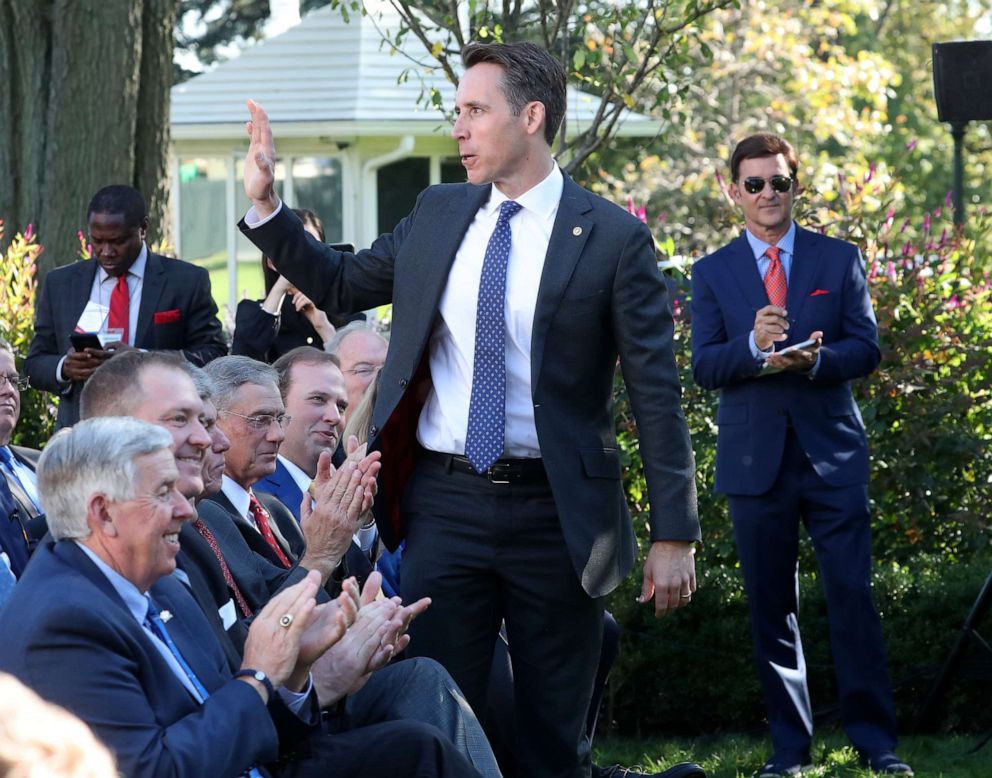 PHOTO: Sen. Josh Hawley is introduced during an event in the Rose Garden at the White House on Oct. 15, 2019, in Washington.