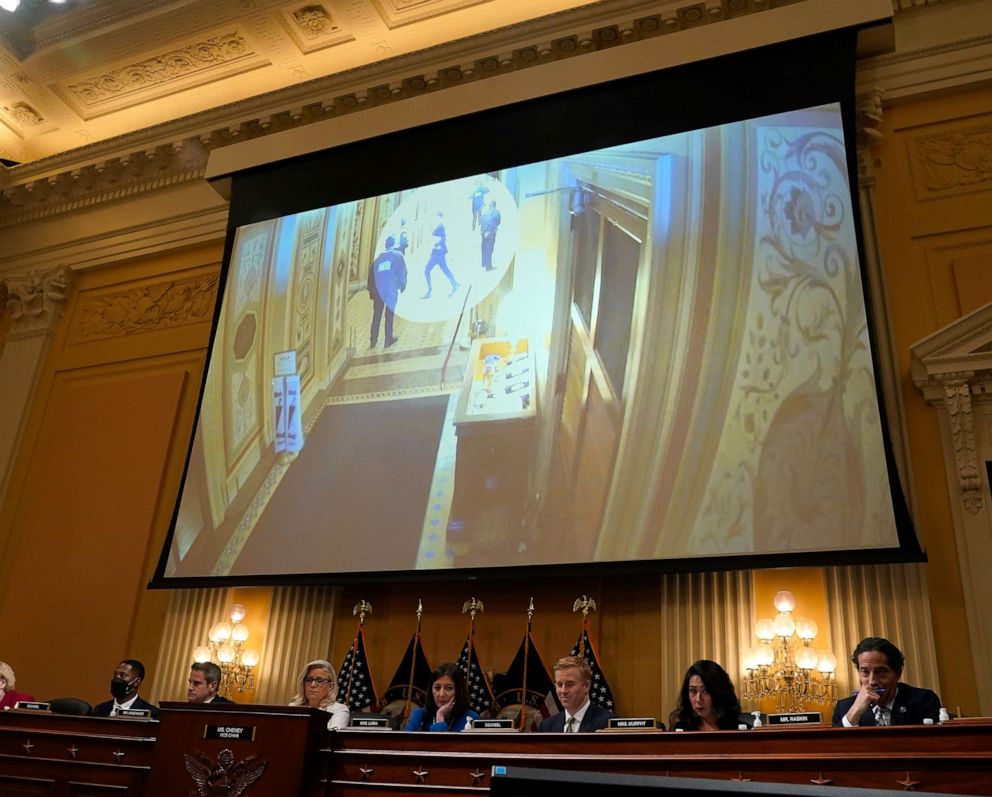 PHOTO: A video clip of Senator Josh Hawley running through a hallway as rioters storm the Capitol is projected during a public hearing before the House Select Committee to investigate the January 6 attack, on July 21, 2022, in Washington, D.C.