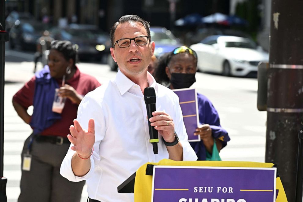 PHOTO: Pennsylvania Attorney General and gubernatorial candidate Josh Shapiro speaks ata rally and roundtable discussion to demand good union jobs and a voice in democracy on August 18, 2022 in Philadelphia.