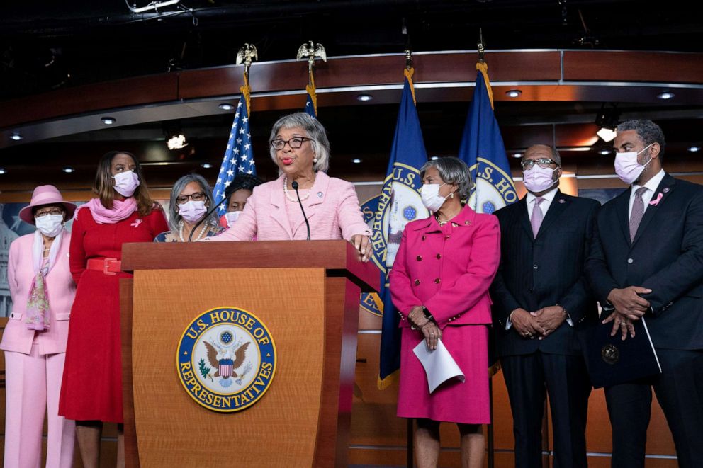 PHOTO: Rep. Joyce Beatty, chairwoman of the Congressional Black Caucus, speaks during a news conference, on the inclusion of Black policy priorities in the "Build Back Better" agenda and the bipartisan infrastructure bill, in Washington, Oct. 27, 2021.