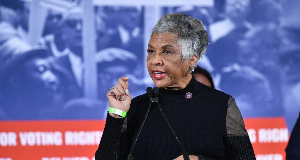 PHOTO: Joyce Beatty, chairwoman of the Congressional Black Caucus speaks following the Peace Walk in celebration of Martin Luther King Jr. Day in Washington, D.C., Jan. 17, 2022.