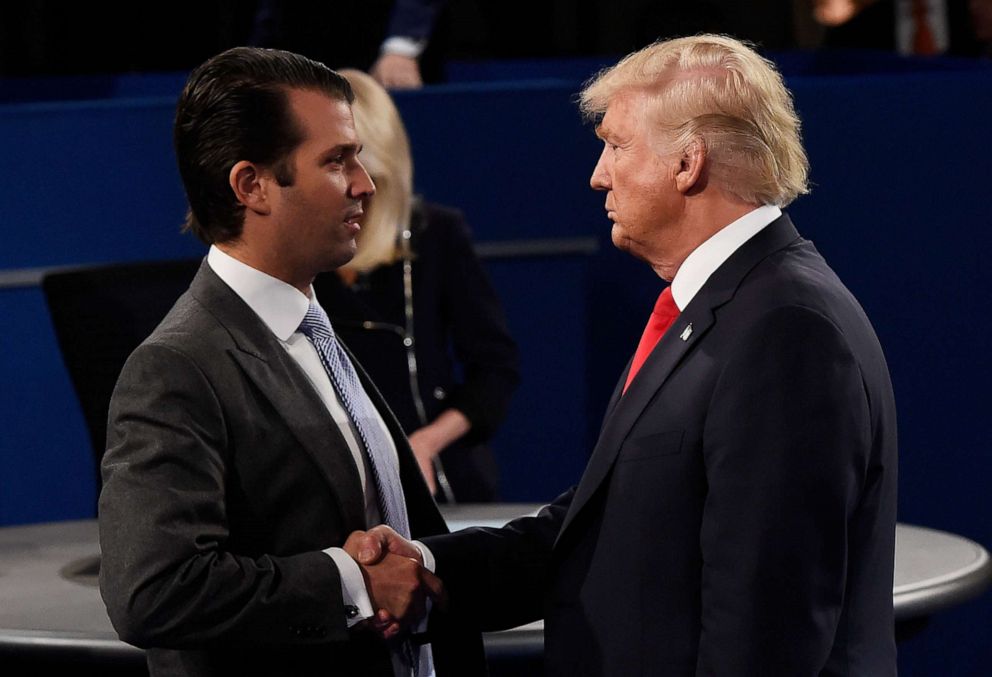 PHOTO: Donald Trump, Jr. greets his father Republican presidential nominee Donald Trump during the town hall debate at Washington University, Oct. 9, 2016, in St. Louis.