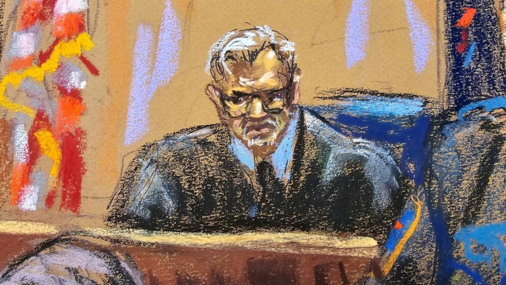 PHOTO: Justice Juan Merchan presides as former President Donald Trump faces charges in Manhattan state court in New York City, April 15, 2024 in this courtroom sketch.
