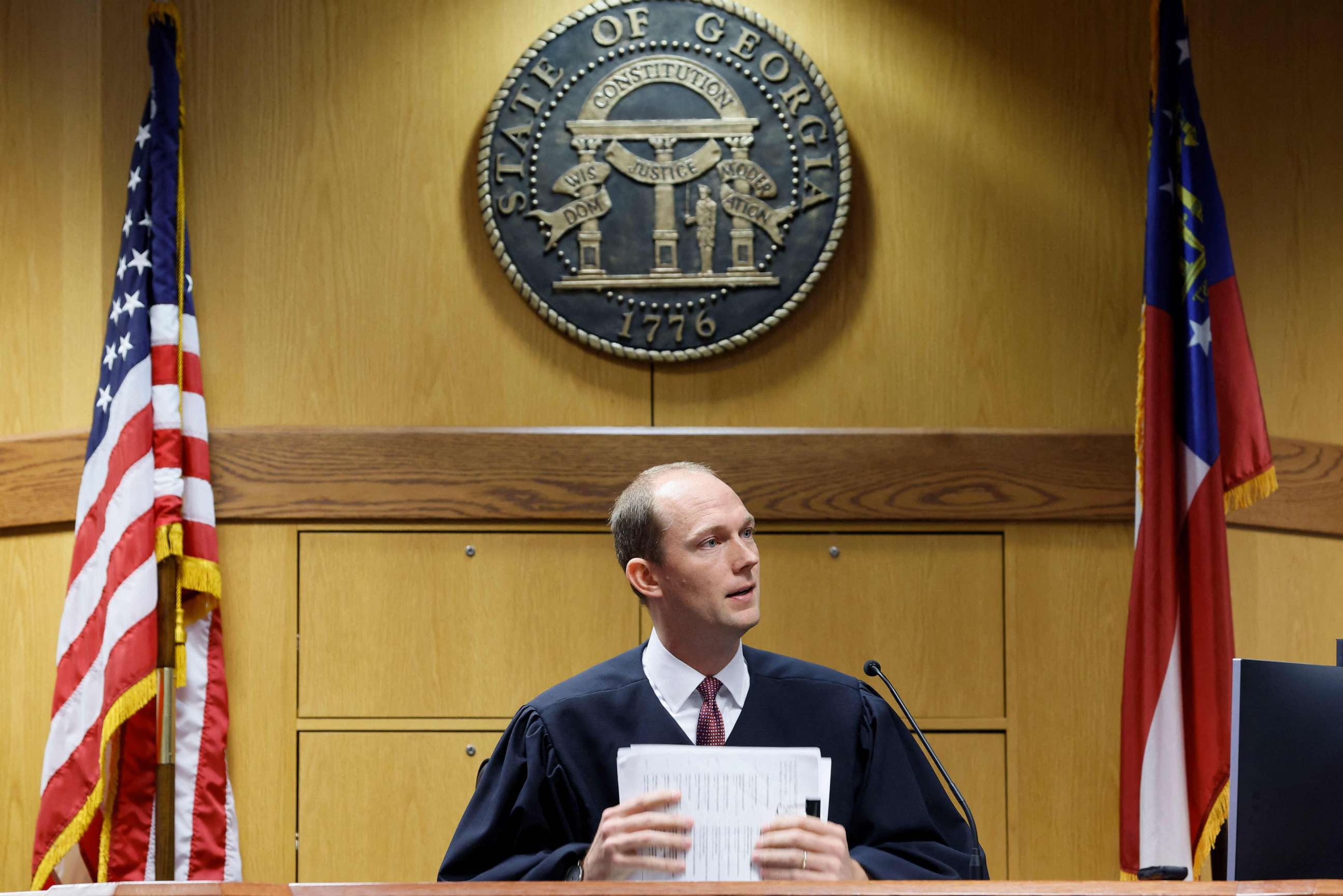 Fulton County Superior Judge Scott McAfee hears motions from attorneys representing Ken Chesebro and Sidney Powell, at the Fulton County Courthouse in Atlanta, Georgia, on September 14, 2023. (Photo by MIGUEL MARTINEZ/POOL/AFP via Getty Images)