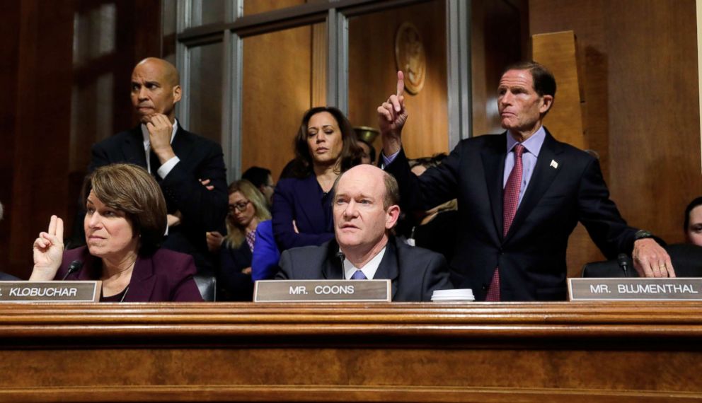 PHOTO: Democratic Senate Judiciary Committee members, Sen. Amy Klobuchar and  Sen. Chris Coons and back row, Sen. Cory Booker, Sen. Kamila Harris and Sen. Richard Blumenthal, during the confirmation hearing of Judge Brett Kavanaugh, Sept. 28, 2018. 