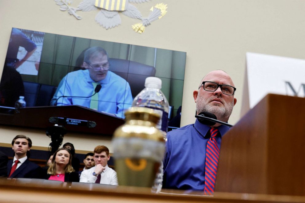 PHOTO: Brandon Dunn, sitting with a small urn holding ashes from his late son Noah Dunn who died from an accidental fentanyl overdose, listens during a hearing on border security on Capitol Hill in Washington, D.C., Feb. 1, 2023.