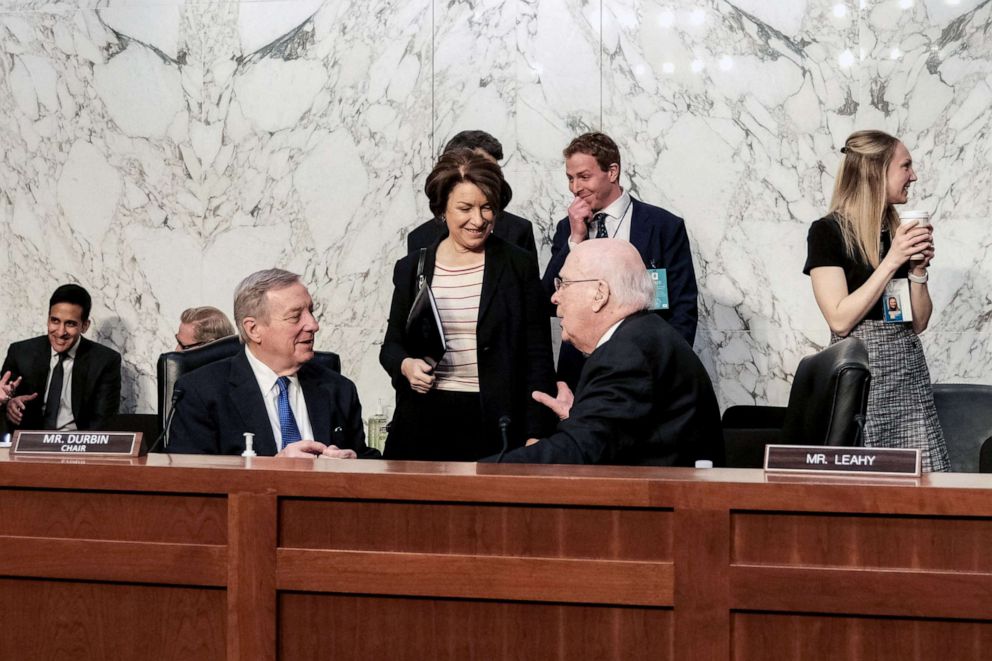 PHOTO: U.S. Senator Patrick Leahy, Senator Amy Klobuchar and Senator Dick Durbin speak before a U.S. Senate Judiciary Committee business meeting to vote on U.S. Supreme Court nominee Judge Ketanji Brown Jackson in Washington, D.C., April 4, 2022. 