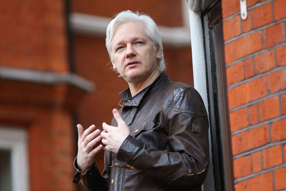 PHOTO: Julian Assange speaks to the media from the balcony of the Embassy Of Ecuador, May 19, 2017, in London.