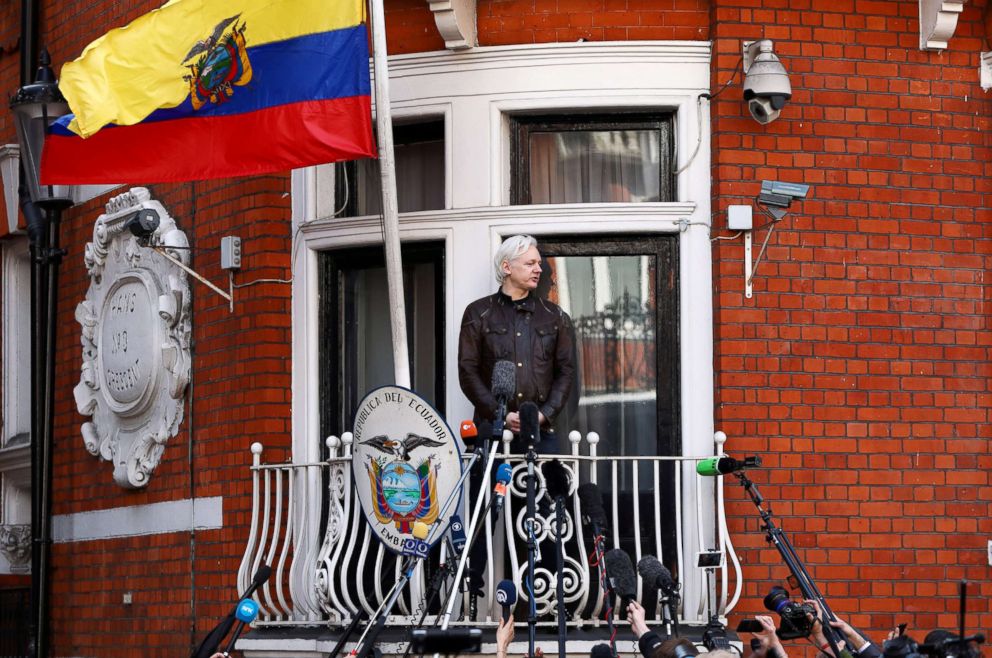 PHOTO: WikiLeaks founder Julian Assange speaks on the balcony of the Embassy of Ecuador in London, Britain, May 19, 2017.