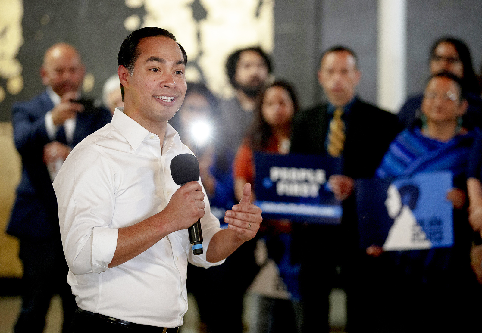 PHOTO: Democratic presidential candidate Julian Castro speaks during a campaign rally on Wednesday, May 8, 2019, in Austin, Texas.
