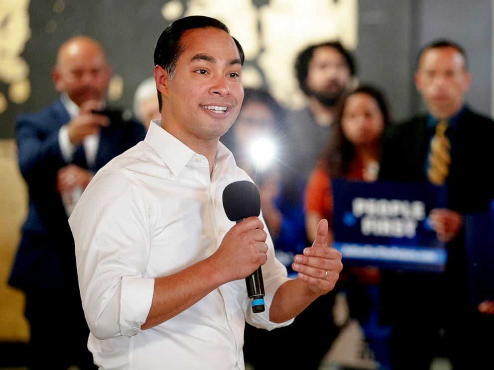 PHOTO: Democratic presidential candidate Julian Castro speaks during a campaign rally on Wednesday, May 8, 2019, in Austin, Texas.