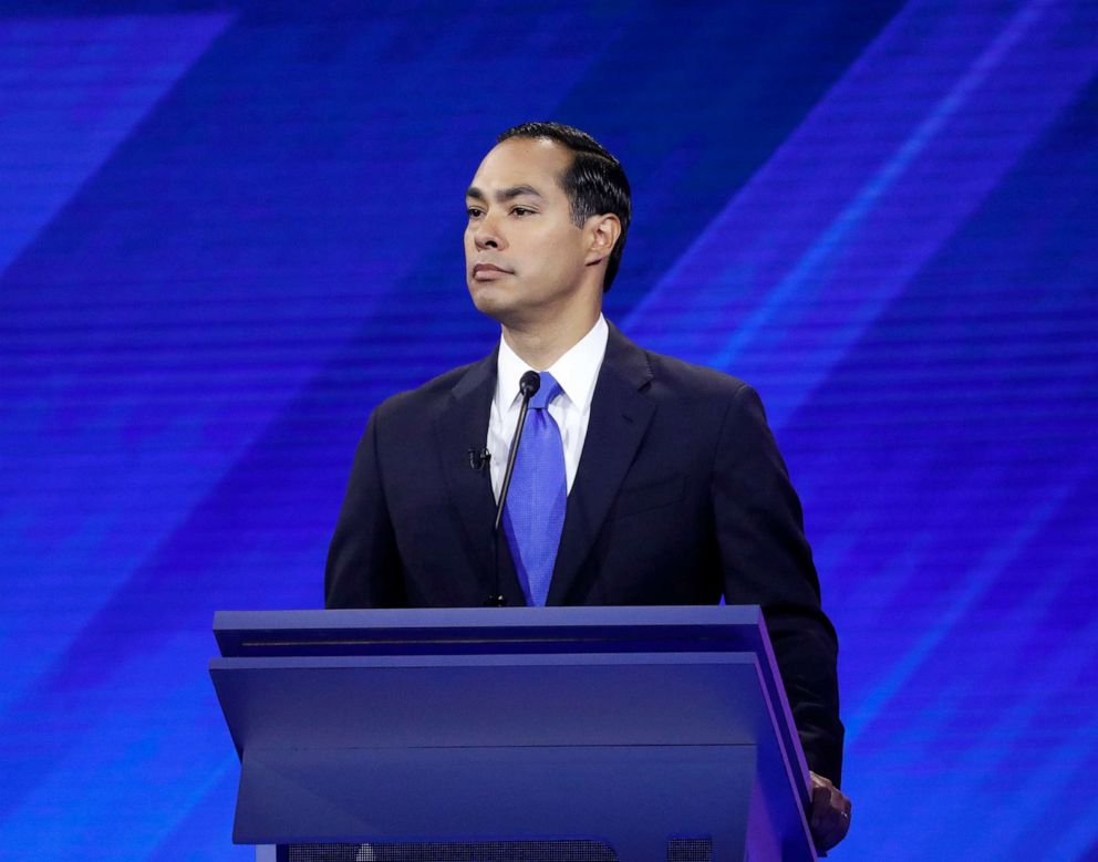 PHOTO: Julian Castro participates in a debate from Texas Southern University's Health & PE Center in Houston, Sept. 12, 2019.