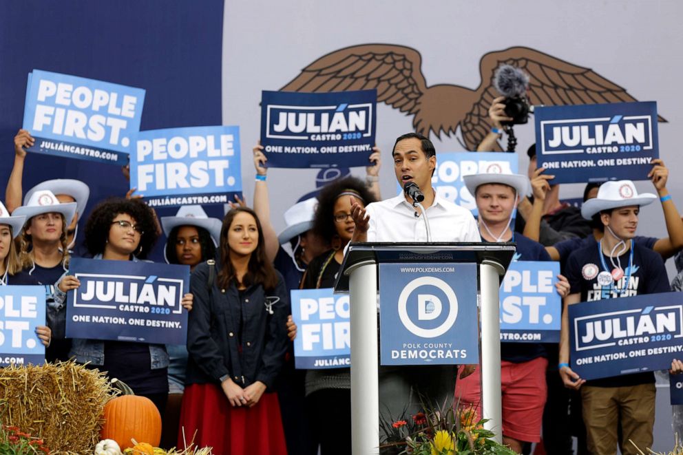 PHOTO: Democratic presidential candidate Julian Castro speaks during the Democratic Polk County Steak Fry, Sept. 21, 2019, in Des Moines, Iowa.