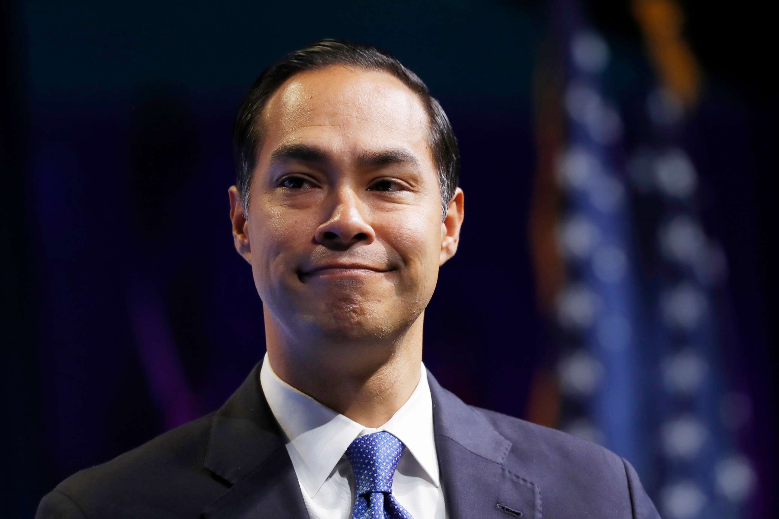 PHOTO: Former Housing and Urban Development Secretary and Democratic presidential candidate Julian Castro speaks at the J Street National Conference, with the hosts of "Pod Save the World," Oct. 28, 2019, in Washington.
