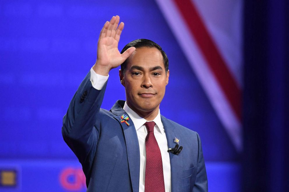 PHOTO: Democratic presidential hopeful former Secretary of Housing and Urban Development Julian Castro waves during a town hall devoted to LGBTQ issues hosted by CNN and the Human rights Campaign Foundation at The Novo in Los Angeles, Oct. 10, 2019.