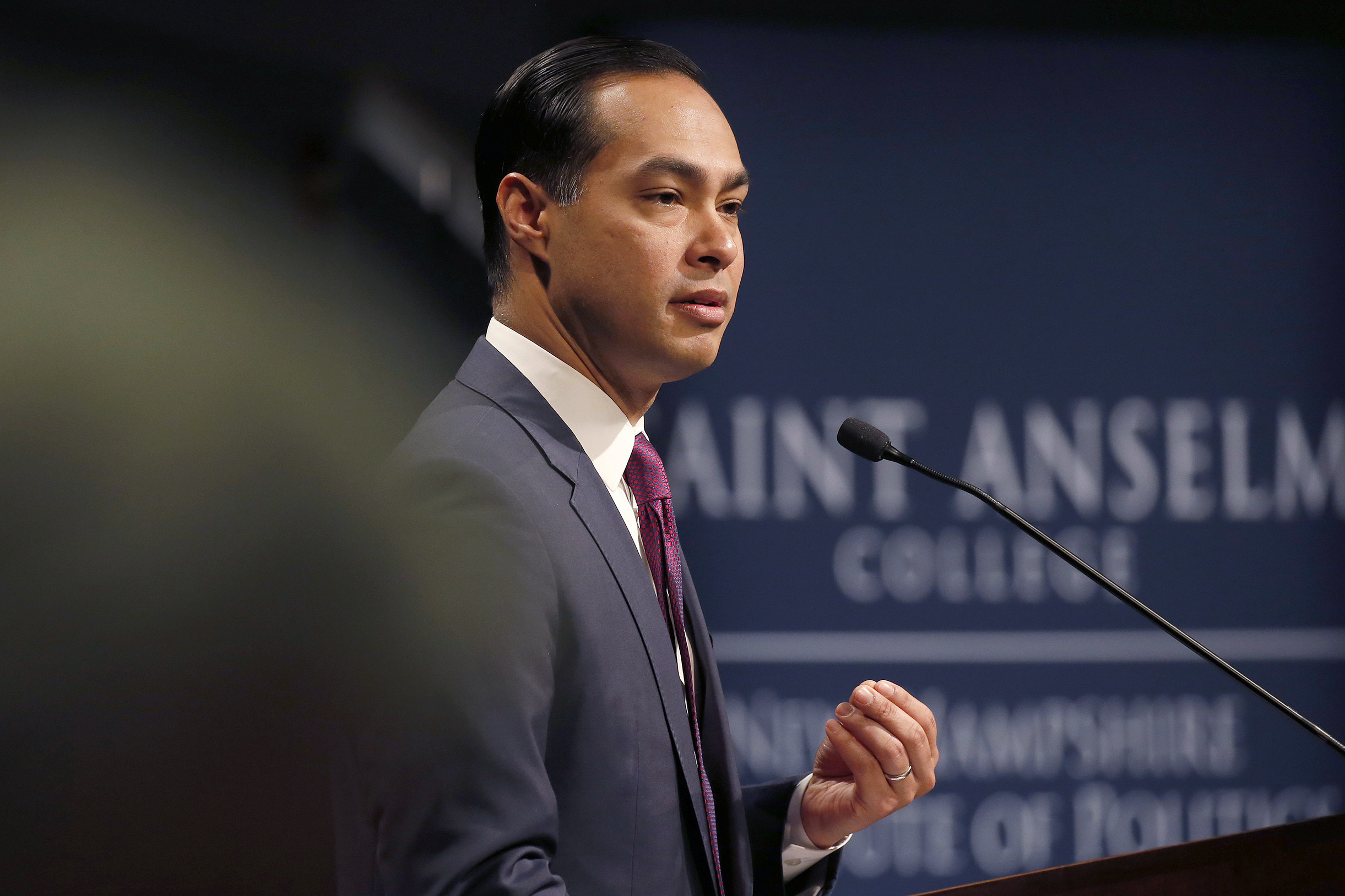 PHOTO: Julian Castro, former U.S. Secretary of Housing and Urban Development and candidate for the 2020 Democratic presidential nomination, speaks at Saint Anselm College, Jan. 16, 2019, in Manchester, N.H.