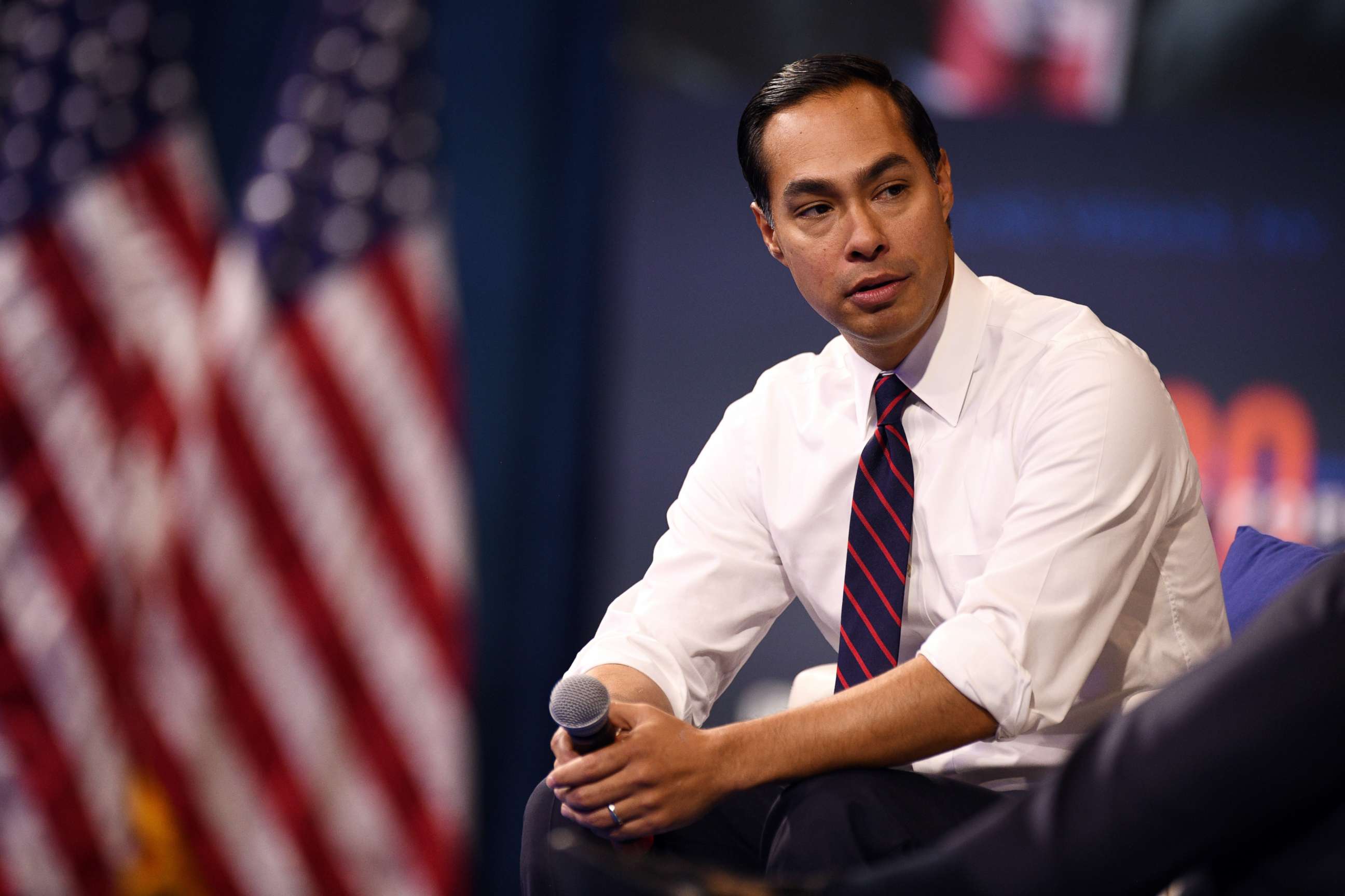 PHOTO: Julian Castro listens to a question during the Presidential Gun Safety Forum in Las Vegas, on Oct. 2, 2019.