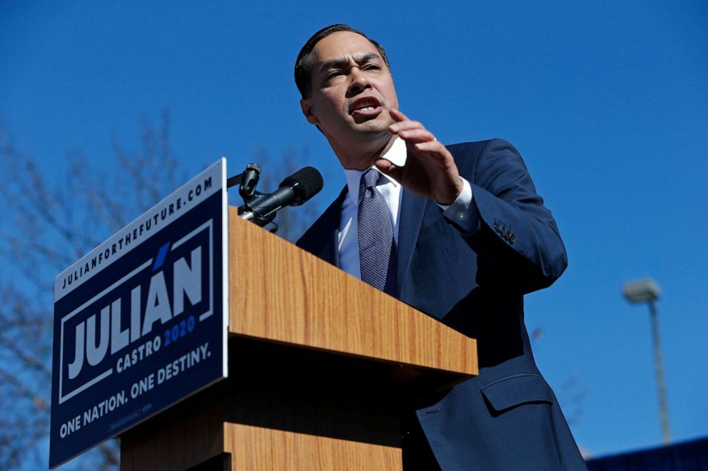 PHOTO: Julian Castro, former U.S. Department of Housing and Urban Development (HUD) Secretary and San Antonio Mayor, announces his candidacy for president in 2020 at Plaza Guadalupe, Jan. 12, 2019.