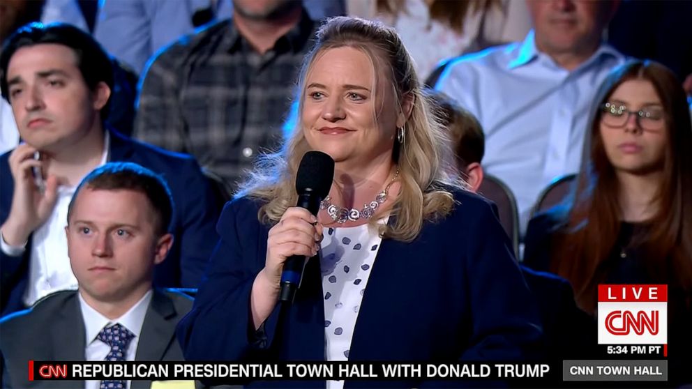 PHOTO: Julie Miles asks a question during a CNN hosted town hall meeting with former President Donald Trump, May 10, 2023.