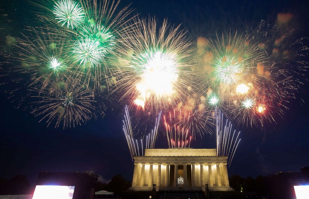PHOTO: In this July 4, 2019, file photo, fireworks go off over the Lincoln Memorial in Washington, DC.