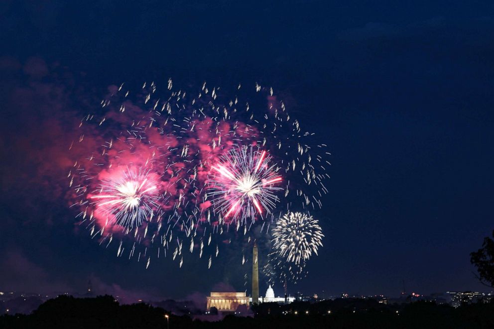 PHOTO: Fireworks are set off on the National Mall over the Washington Monument, Lincoln Memorial and US Capitol Building as part of celebrations for Independence Day in Washington, D.C., July 4, 2020.