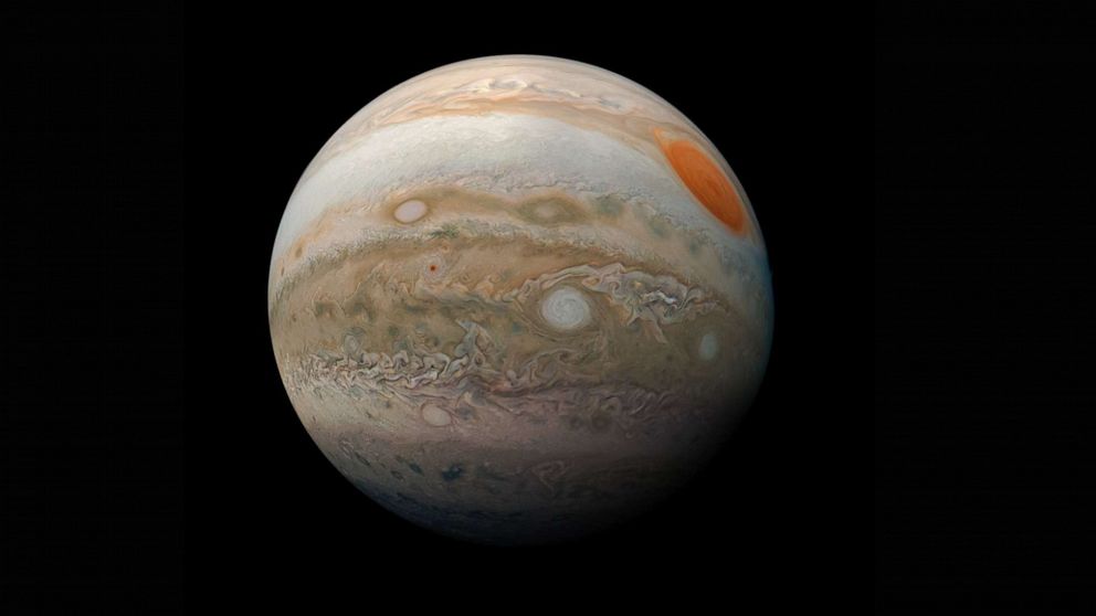 PHOTO: This view of Jupiter's Great Red Spot and turbulent southern hemisphere was captured by Juno as it performed a close pass of the gas giant planet, Feb. 12, 2019.