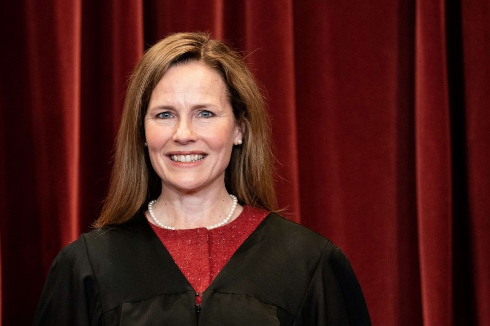 PHOTO: In this April 23, 2021, file photo, Associate Justice Amy Coney Barrett stands during a group photo of the Justices at the Supreme Court in Washington, D.C.