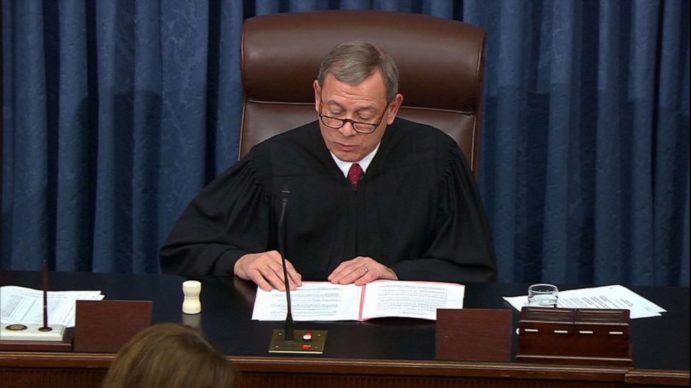PHOTO: Chief Justice John Roberts speaks prior to an impeachment vote, Feb. 5, 2020, in Washington, DC.