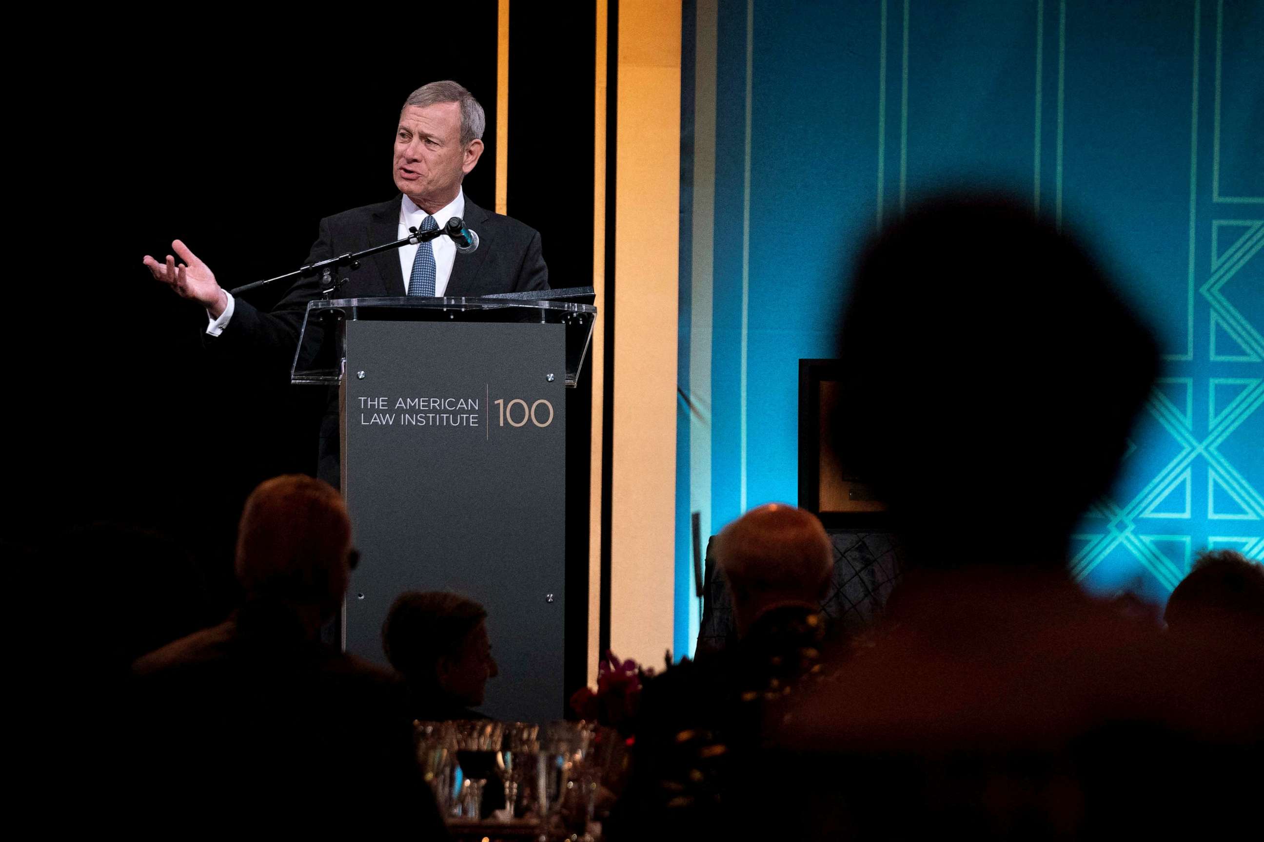 PHOTO: Supreme Court Chief Justice John Roberts delivers remarks at The American Law Institute's 2023 Annual Dinner at the National Building Museum in Washington, D.C., May 23, 2023.