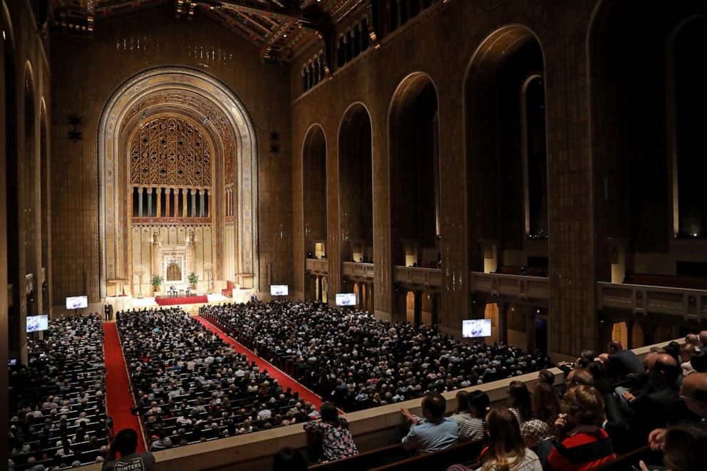 PHOTO: Rabbi Mark Lipson and Chief Justice of the United States John G. Roberts Jr. speak onstage during "A Conversation With Chief Justice Of The United States" at Temple Emanu-El on Sept. 24, 2019, in New York City.