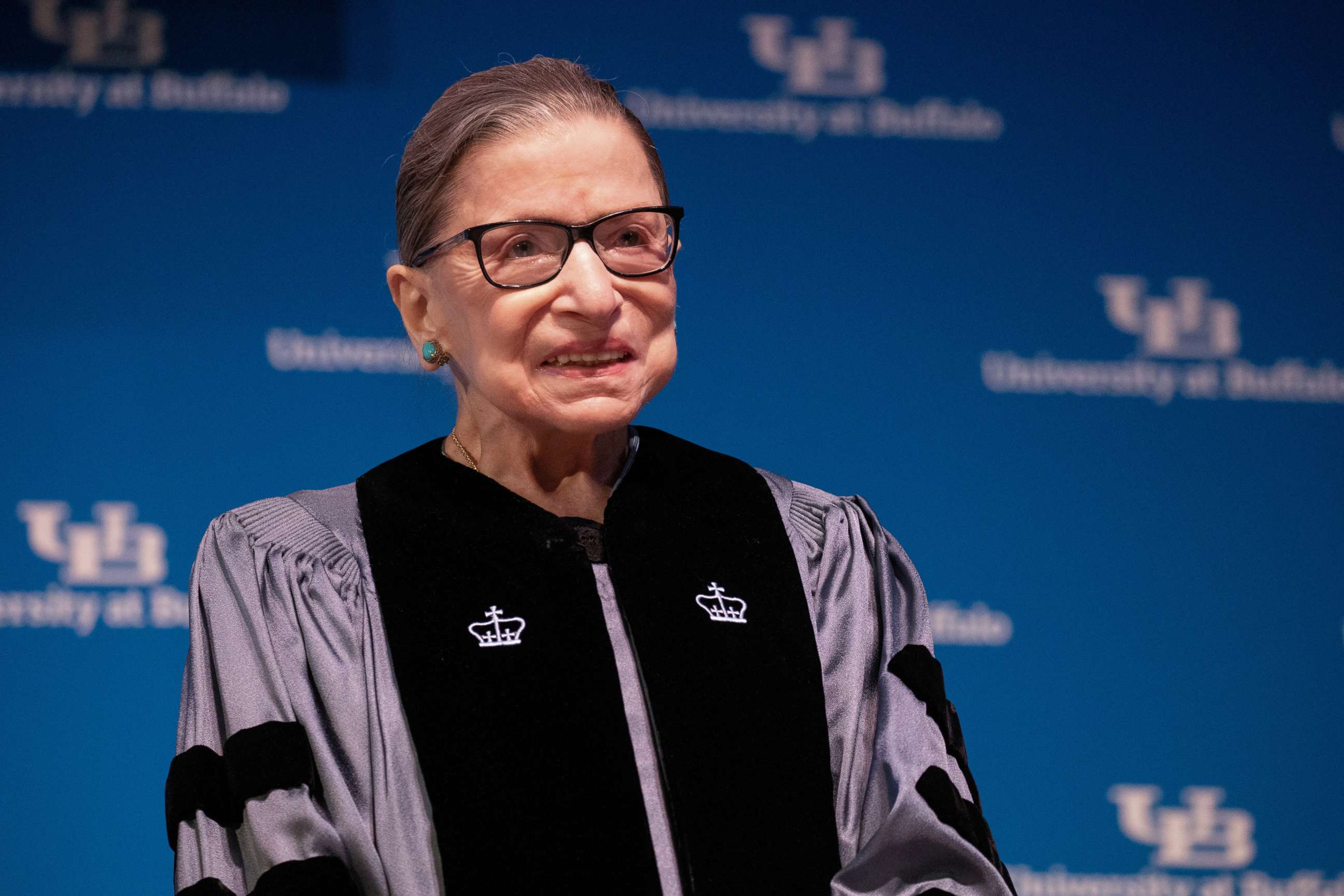 PHOTO: Supreme Court Justice Ruth Bader Ginsburg smiles during a reception where she was presented with an honorary doctoral degree at the University of Buffalo School of Law in Buffalo, New York, Aug. 26, 2019.