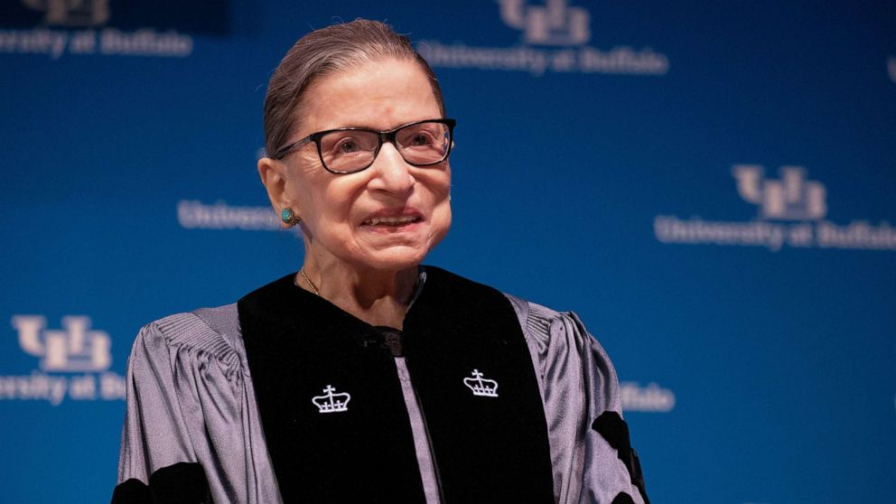 PHOTO: Supreme Court Justice Ruth Bader Ginsburg smiles during a reception where she was presented with an honorary doctoral degree at the University of Buffalo School of Law in Buffalo, New York, Aug. 26, 2019.