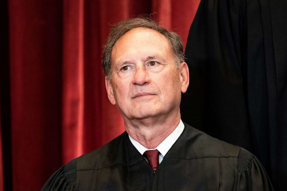 PHOTO: Associate Justice Samuel Alito sits during a group photo of the Justices at the Supreme Court in Washington, D.C., on April 23, 2021. 