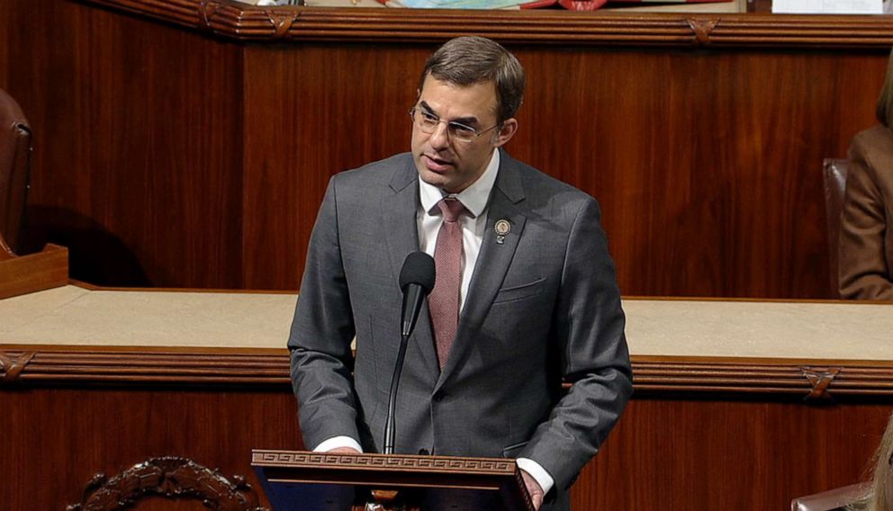 PHOTO: Independent Rep. Justin Amash speaks on the floor of the U.S. House of Representatives prior to a vote on two articles of impeachment against President Donald Trump in Washington, Dec. 18, 2019.