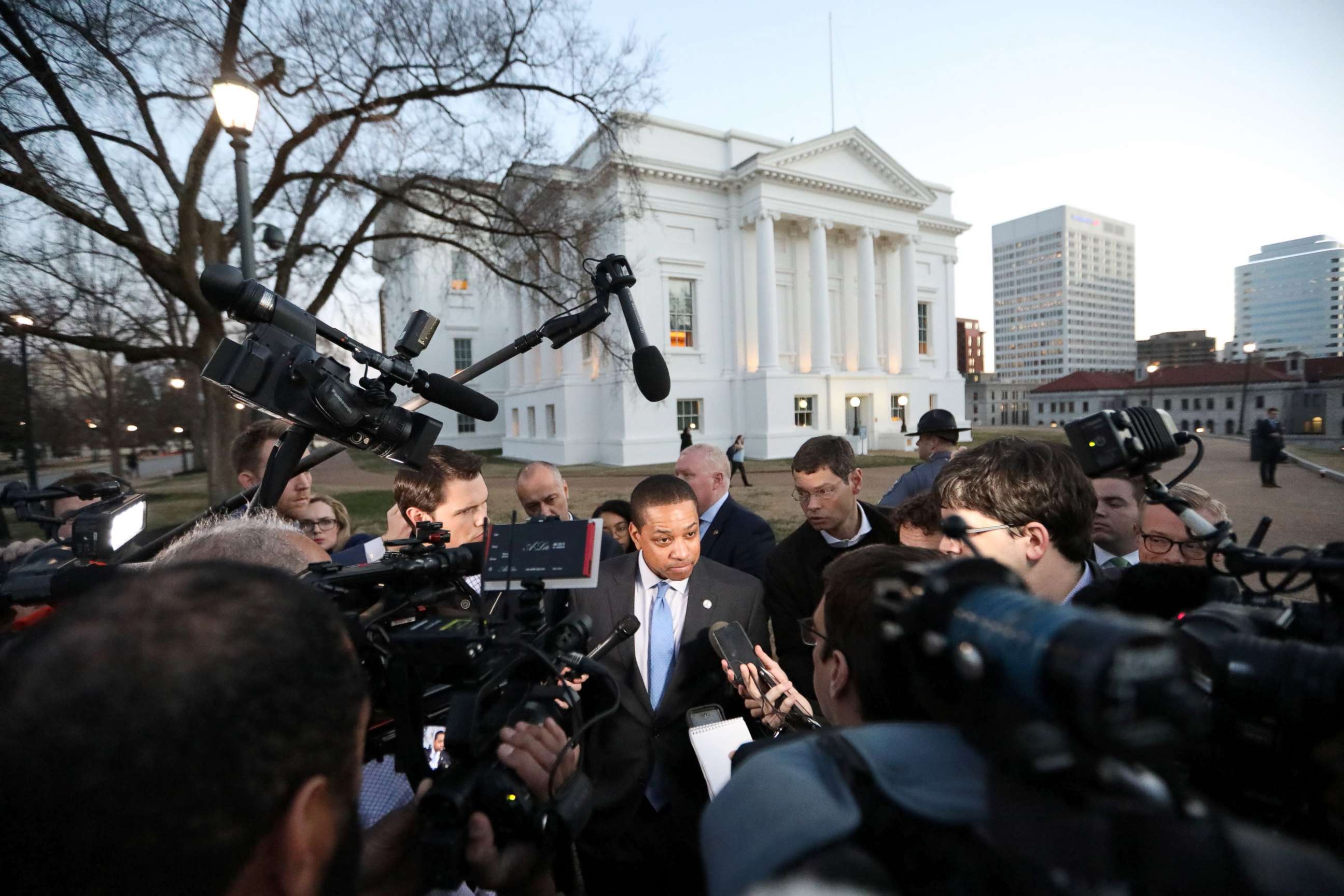 PHOTO: Virginia Lieutenant Governor Justin Fairfax addresses the media about a sexual assualt allegation from 2004 outside of the capital building in dowtown Richmond, Feb. 4, 2019.